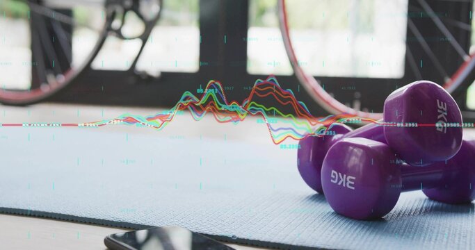 Fototapeta Purple 3kg dumbbells resting on blue mat in home gym, with smartphone, bicycle wheel, glass doors