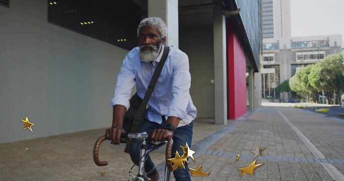 Cyclist wearing blue shirt and messenger bag cycling along path by office building with wristwatch