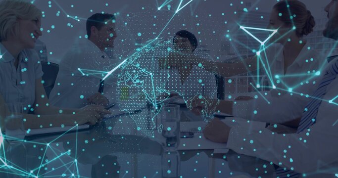 Leaning team in business attire discussing data in meeting room, with holographic map, copy space