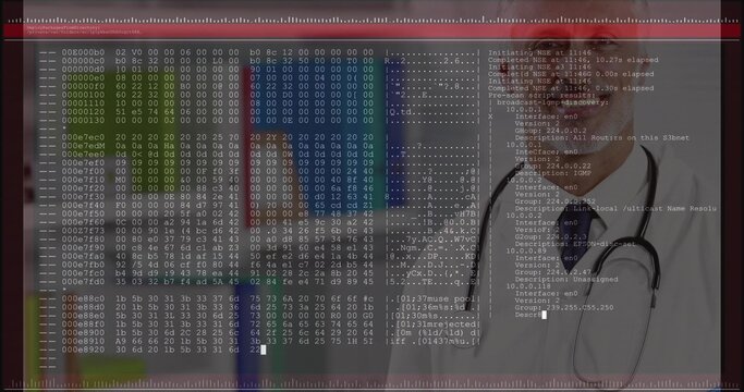 Showing hex dump window over lab shelves with vials, with doctor holding stethoscope, copy space