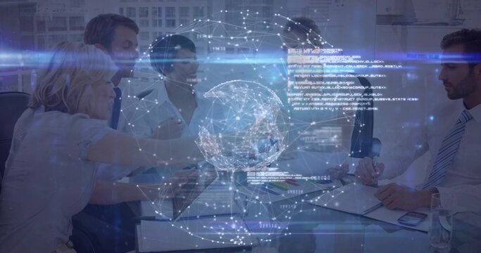 Pointing colleagues studying holographic network sphere over printed charts in meeting room