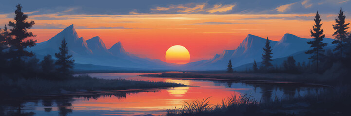 Fototapeta premium Vibrant Sunset Reflecting over Calm River Landscape with Mountain Scenery and Pine Trees Silhouette