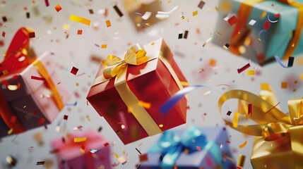 Festive scene of colorful gift boxes with ribbons and confetti falling against a neutral background