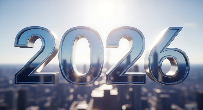 Metallic 2026 text rendered in 3D with a city skyline backdrop under bright sunlight, symbolizing future, growth, and new beginnings for the upcoming year