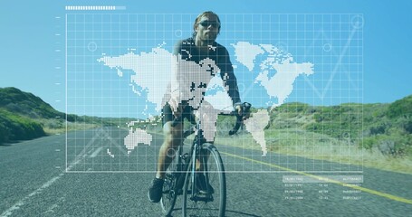 Pedaling mid cyclist in jersey and sunglasses on rural highway, with digital world map grid overlay