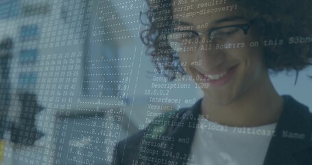 Analyzing man wearing dark blazer behind translucent network scan panel at office, copy space