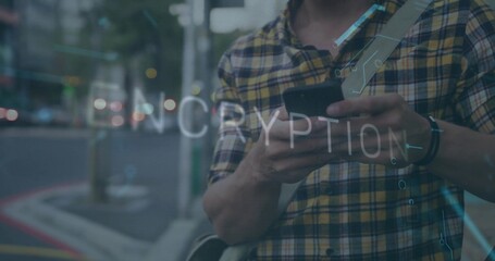 Man scanning smartphone, smartwatch, bag strap, encryption overlay on city sidewalk, copy space
