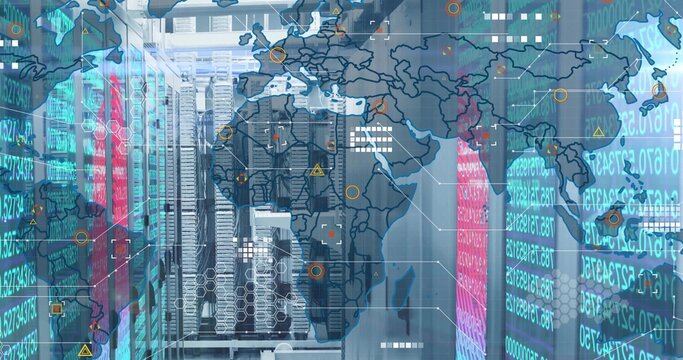 Highlighting server racks streaming numeric code and map overlay in server room, with LED lights