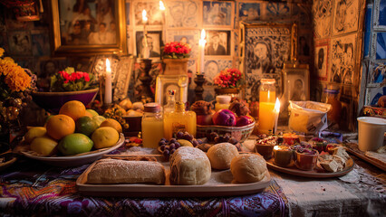 Traditional Mexican Day of the Dead Ofrenda with Candles, Pan de Muerto, and Offerings