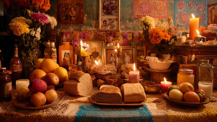 Traditional Mexican Day of the Dead Ofrenda with Candles, Pan de Muerto, and Offerings