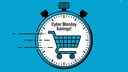 Cyber Monday Savings Countdown with Shopping Cart Icon and Timer for Limited Time Offers and Online Deals
