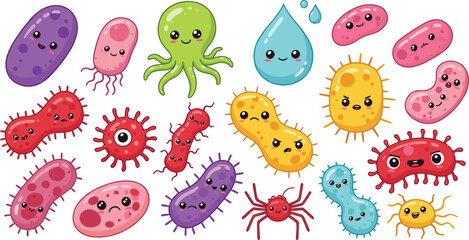 Cartoon microbes, colorful bacteria, smiling viruses, cute microorganisms, educational vector set, children’s science illustration, playful biology characters