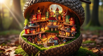 Enchanting Miniature Village Nestled Inside a Detailed Acorn Home Illuminated by Warm Golden Light