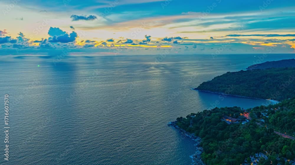 Wall mural aerial hyperlapse view colorful cloud in stunning sunset at the sea in sunset. scene of clouds float