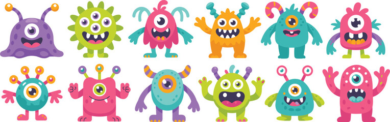 Cartoon monsters, colorful characters, cute creatures, fantasy icons, playful expressions, kids illustration, whimsical design, children’s media assets