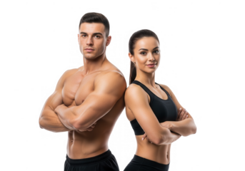 Fit couple poses together displaying muscular physique and athletic bodies transparent background