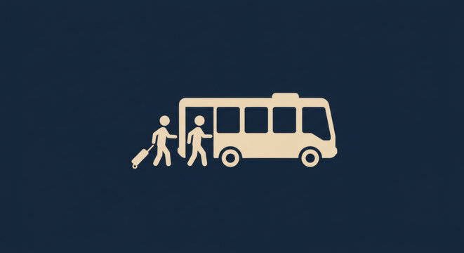 Minimalist graphic icon depicting passengers with luggage boarding a public transportation bus.