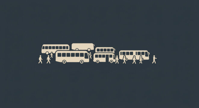 Minimalist vector illustration of a crowded bus station with people waiting for public transportation