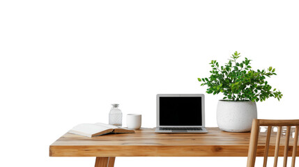 Office desk with laptop and green plants isolated on white background 