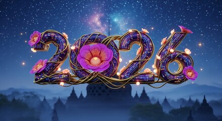 A dazzling 3D rendition of the year 2026 illuminated with enchanting floral accents and subtle lighting, set against a mystical twilight landscape
