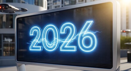 Obraz premium The year 2026 illuminated with vibrant blue neon electric lightning, symbolizing future innovation and digital advancement, set against a blurred urban backdrop with modern architectural elements
