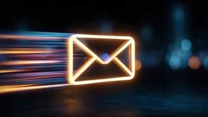 Neon envelope icon with motion blur against dark background - Powered by Adobe