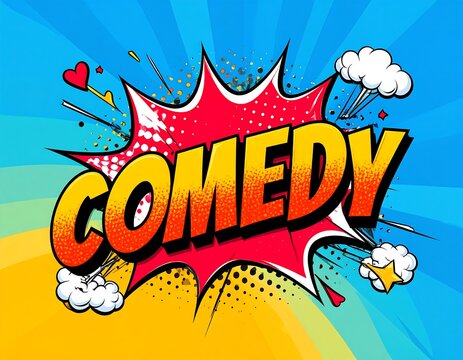 Comic book style word bubble with the word "COMEDY