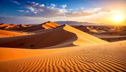 Golden Hour Desert Landscape with Majestic Sand Dunes and Sky.