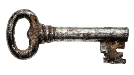 A single old rusty key isolated on white background 