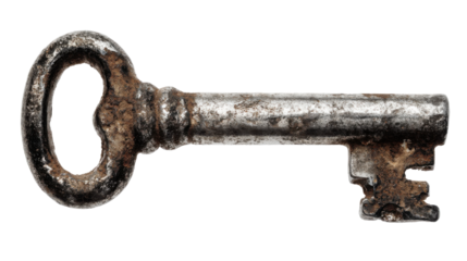 A single old rusty key isolated on white background 
