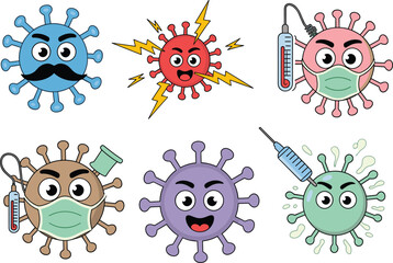 Cartoon virus characters, medical icons, face mask germs, angry microbes, syringe injection, thermometer, health illustration, vector set