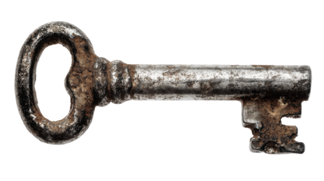 A single old rusty key isolated on white background 