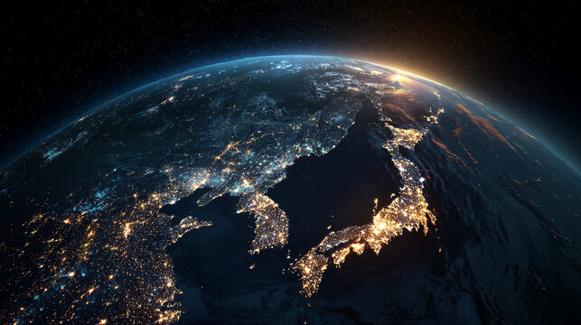Earth at night showing city lights and sunrise over East Asia