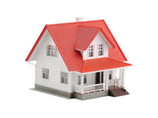 Small red roofed house model white wall isolated on transparent background, Clipart png