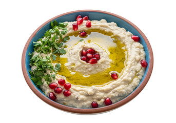 Delicious baba ghanoush isolated on transparent background, a creamy middle eastern dip made from eggplant, tahini, lemon juice, and olive oil