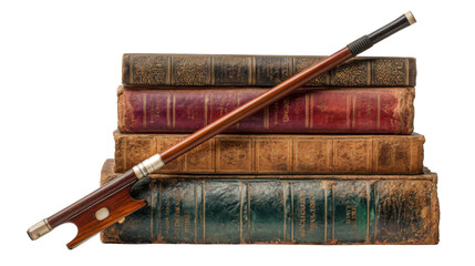 Stack of vintage books and violin bow on white background 