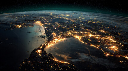 Fototapeta premium Earth at night city lights shining bright from space view