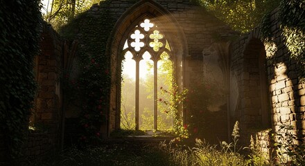 Fototapeta premium Sunlit Gothic Window in Overgrown Ruin