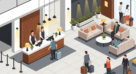 Hotel Lobby Scene with Guests and Reception Desk