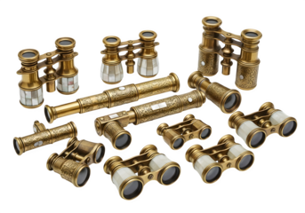 Collection of antique opera glasses and spyglasses isolated on transparent background, showcasing vintage design and craftsmanship for collectors