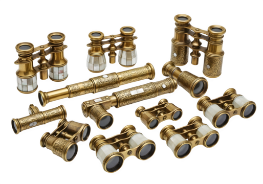 Collection of antique opera glasses and spyglasses isolated on transparent background, showcasing vintage design and craftsmanship for collectors