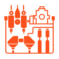 Industrial manufacturing plant schematic with orange line art on black background