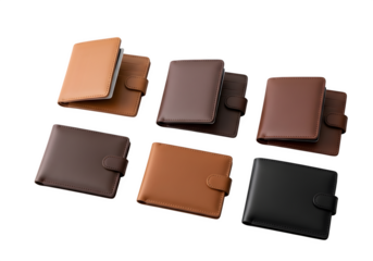 Collection of leather wallets in various colors isolated on transparent background, showcasing different styles and textures for men and women