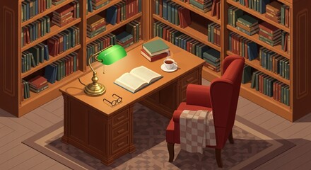 Cozy Home Library Interior with Desk and Armchair