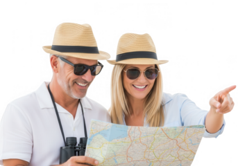 Happy couple wearing fedoras and sunglasses examining a map planning their adventure transparent background