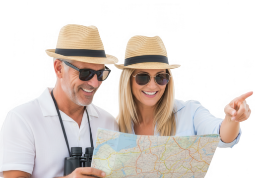 Happy couple wearing fedoras and sunglasses examining a map planning their adventure transparent background