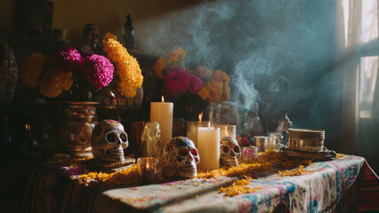 Day of the Dead Altar with Candles and Marigold Flowers