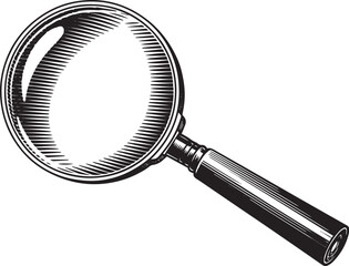 Black and white sketch illustration of magnifying glass with wooden handle in vintage engraving style using cross hatching and stippling techniques