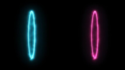 Two glowing neon circles on a black background one blue, one pink