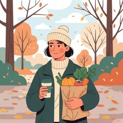 Autumn Stroll Woman with Groceries and Coffee in a Park